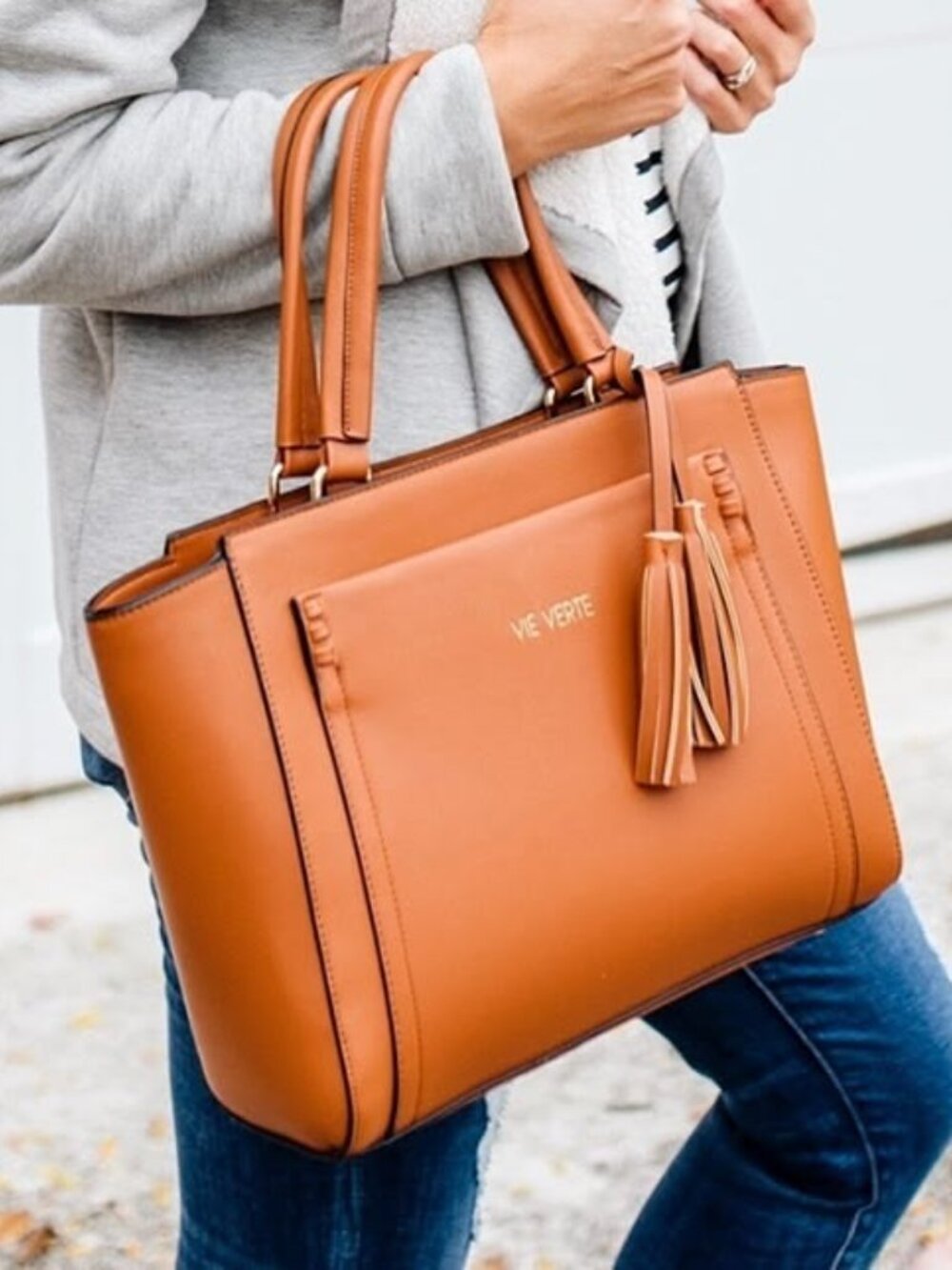 LUX Vegan Leather Green Pebbled Leather Satchel, Cognac Brown